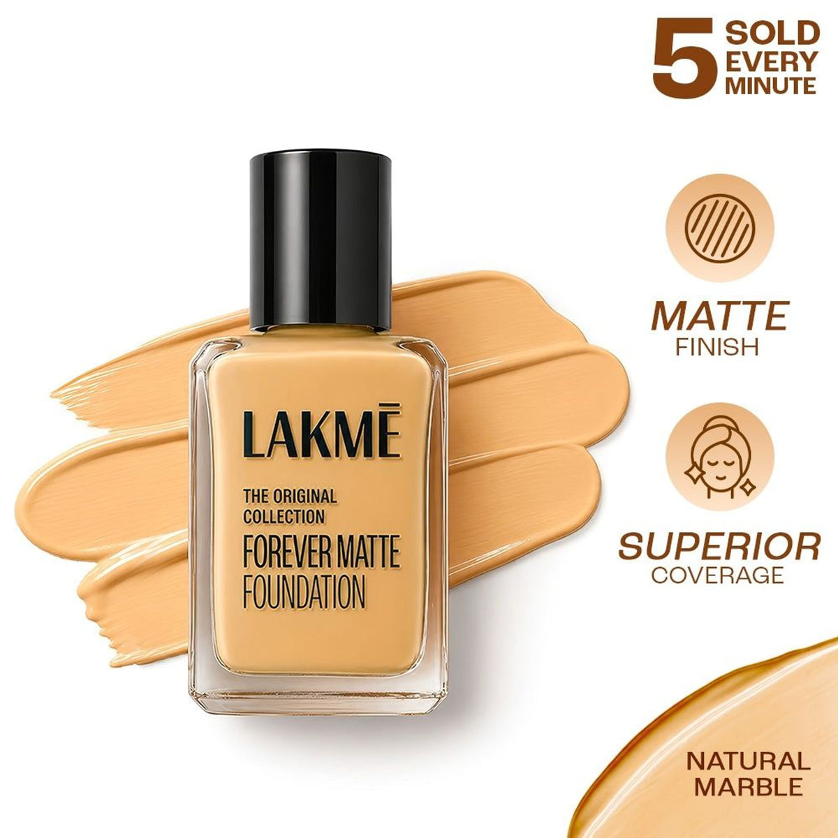 Lakme Forever Matte Foundation in Marble shade, lightweight water-resistant formula with vitamin E for superior coverage.