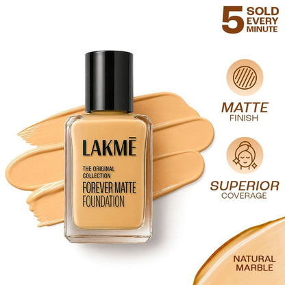 Lakme Forever Matte Foundation in Marble shade, lightweight water-resistant formula with vitamin E for superior coverage.