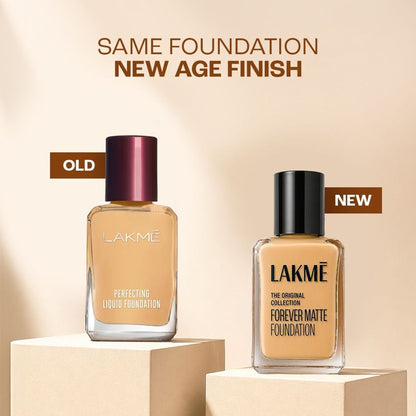 Lakme Forever Matte Foundation in marble shade, lightweight, water-resistant with vitamin E, providing superior coverage.