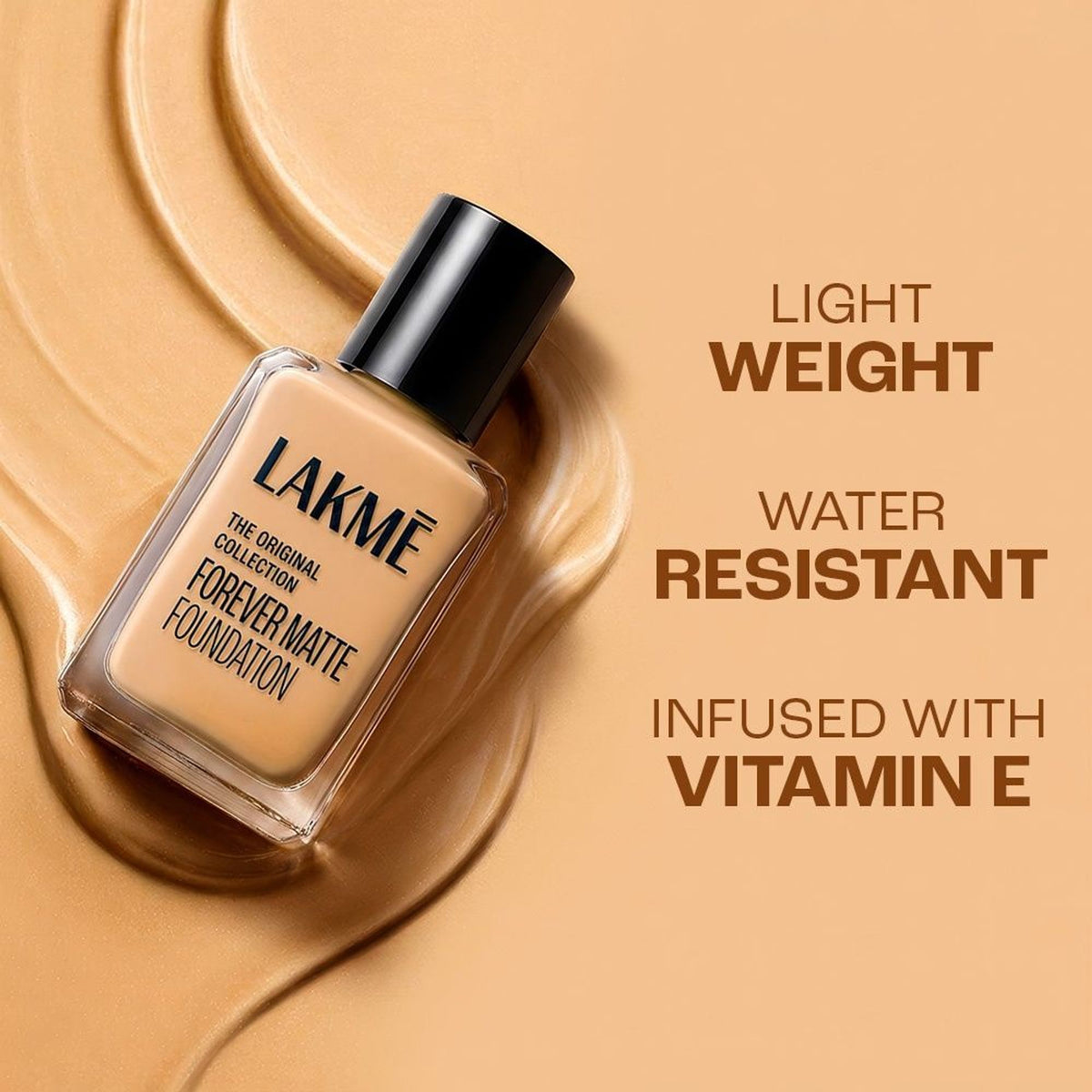 Lakme Forever Matte Foundation with Vitamin E, lightweight, water-resistant formula in a marble shade, providing superior coverage.