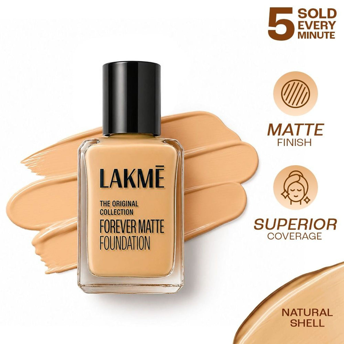 Lakme Forever Matte Foundation in Shell shade, lightweight, water-resistant with vitamin E, providing superior matte coverage.