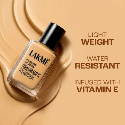 Lakme Forever Matte Foundation in Shell shade, lightweight, water-resistant with vitamin E, providing superior coverage.