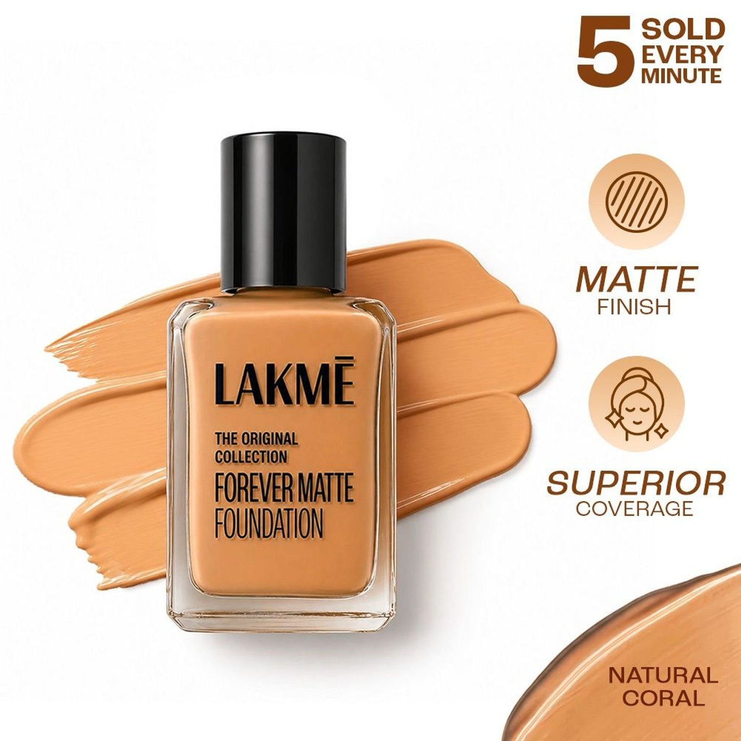 Lakme Forever Matte Foundation For Superior Coverage, Vit E, Lightweight & Water-Resist - Coral