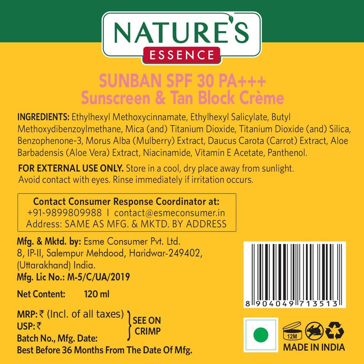Nature's Essence Sunban SPF 30 PA+++ Sunscreen & Tan Block Creme