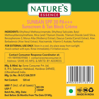 Nature's Essence Sunban SPF 30 PA+++ Sunscreen & Tan Block Creme