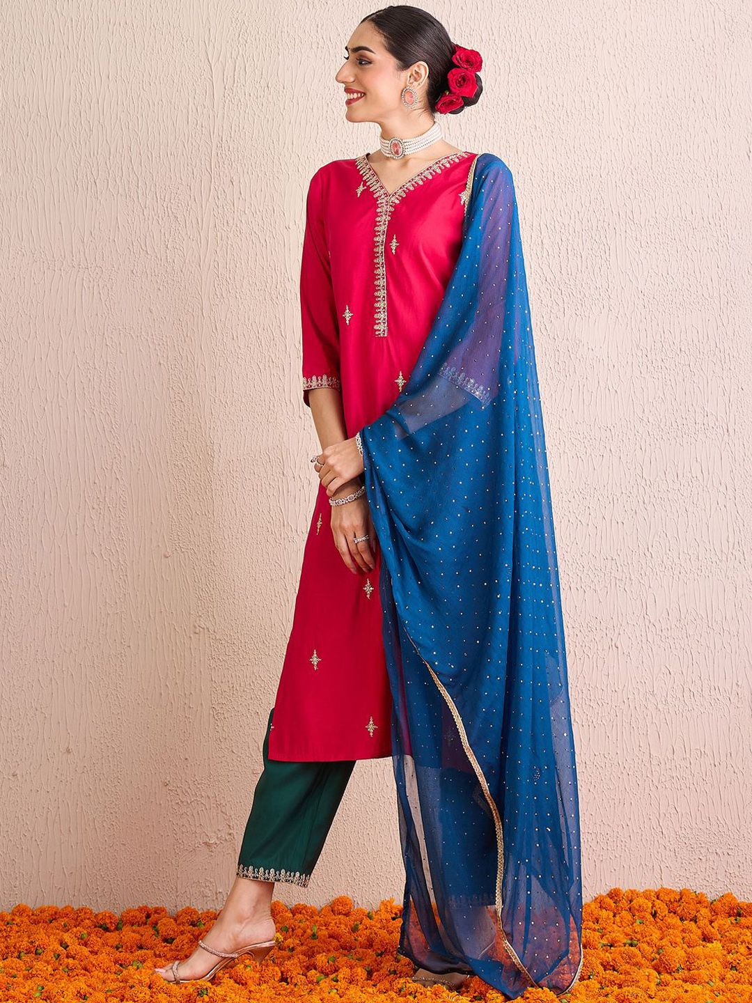 Indyancart IE Women Ethnic Motifs Embroidered Regular Kurta with Trousers & With Dupatta
