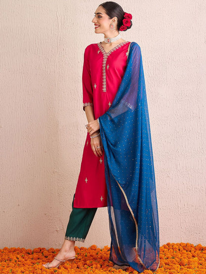 Indyancart IE Women Ethnic Motifs Embroidered Regular Kurta with Trousers & With Dupatta