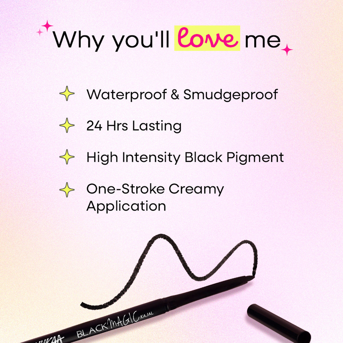 Nykaa Black Magic waterproof kajal eyeliner in deep black, long-lasting matte finish, shown in a pack of two by Nykaa Cosmetics.