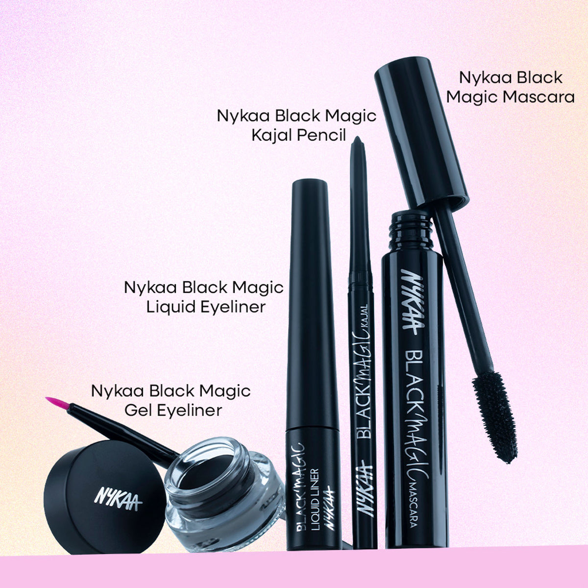 Nykaa Black Magic waterproof kajal eyeliner in deep black, long-lasting and smudge-proof, displayed in a pack of two.