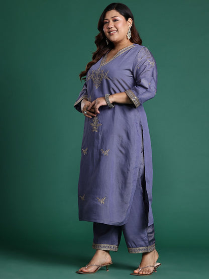 Indyancart IE Plus Size Ethnic Motifs Embroidered Sequinned Liva Kurta Set