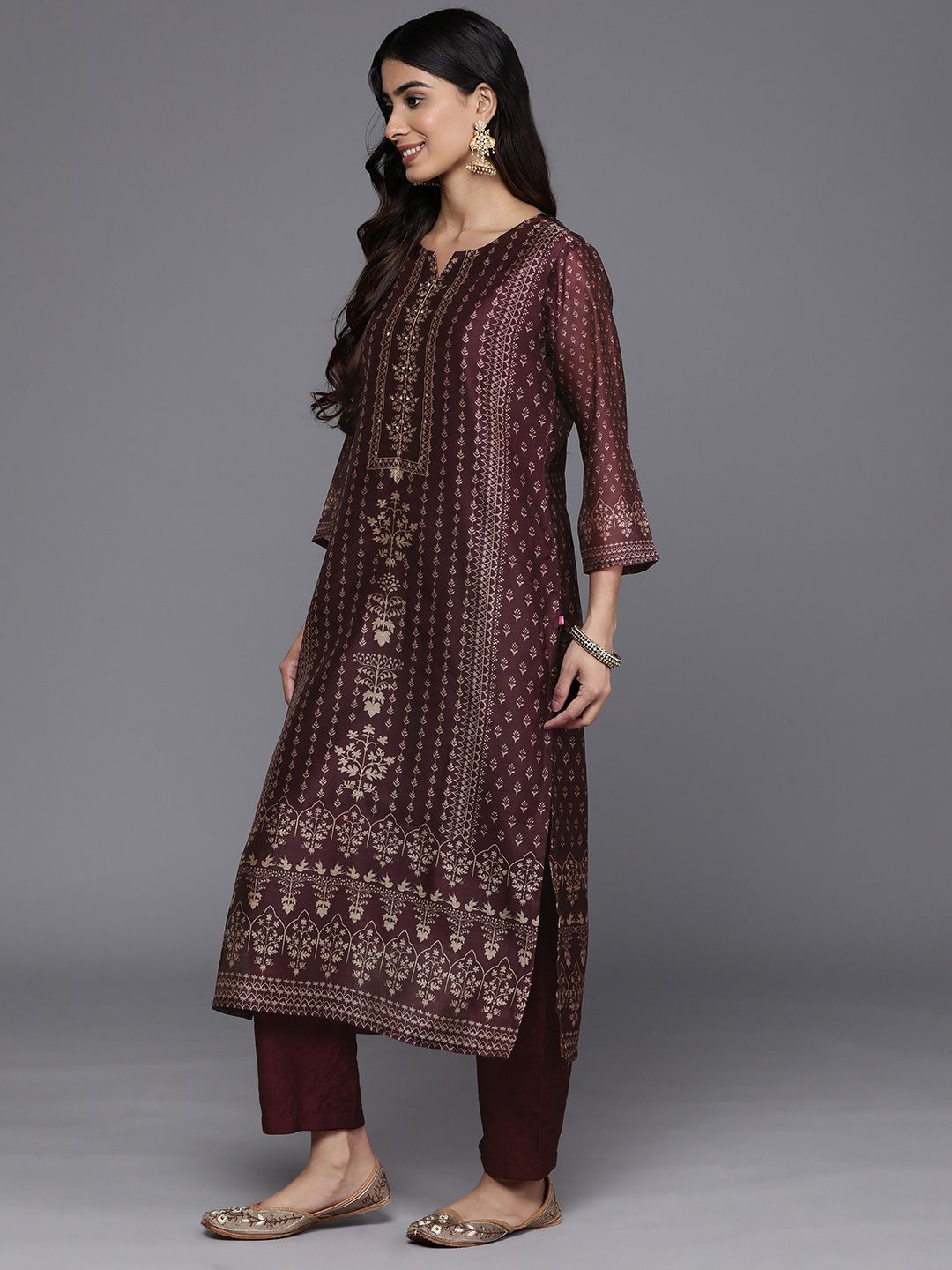 Indyancart VA Women'sEthnic Motifs Printed Sequinned Chanderi Silk Kurta with Trousers & Dupatta