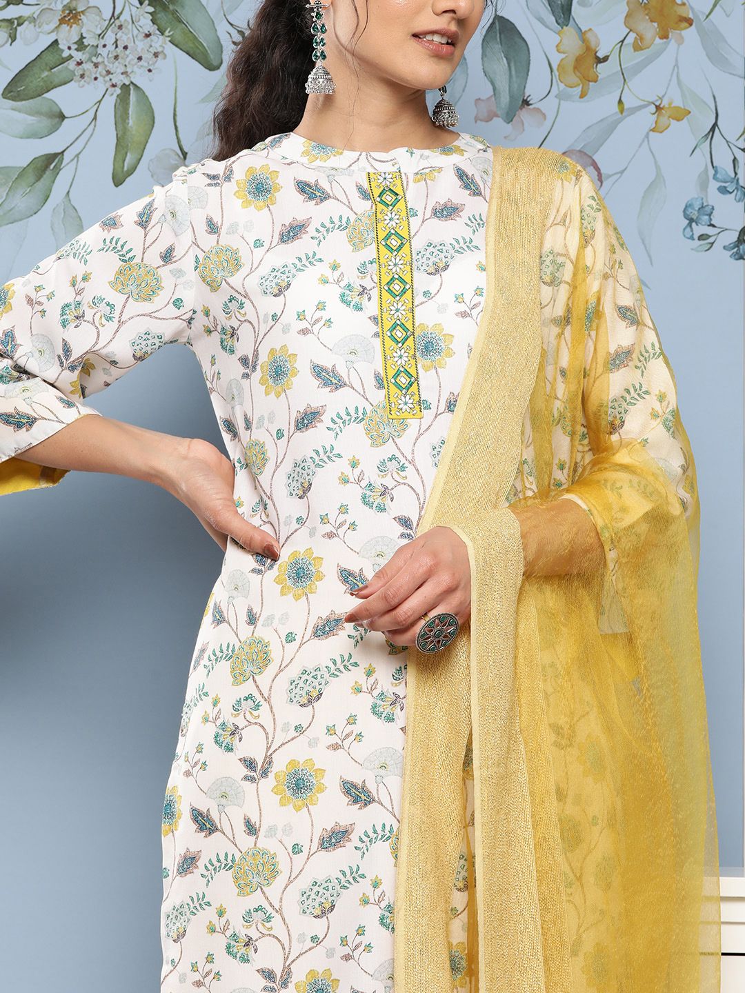 Indyancart VA Women'sFloral Printed Thread Work Kurta with Trousers & Dupatta