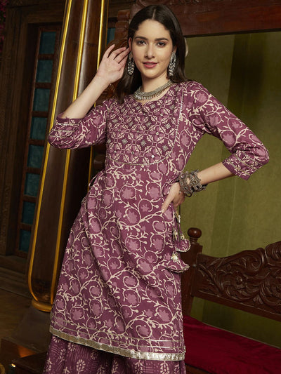 Indyancart SN Women's Purple Ethnic Motifs Printed A-Line Kurti & Sharara With Dupatta