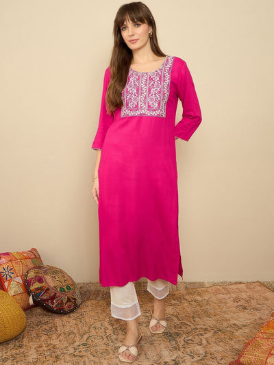 Indyancart IE Floral Embroidered Round Neck Sequinned Machine Weave Straight Kurta