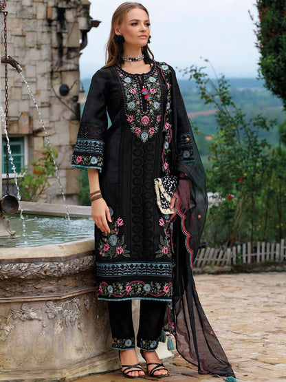 Floral Embroidered Tie-Up Neck Thread Work Straight Kurta With Trousers & Dupatta