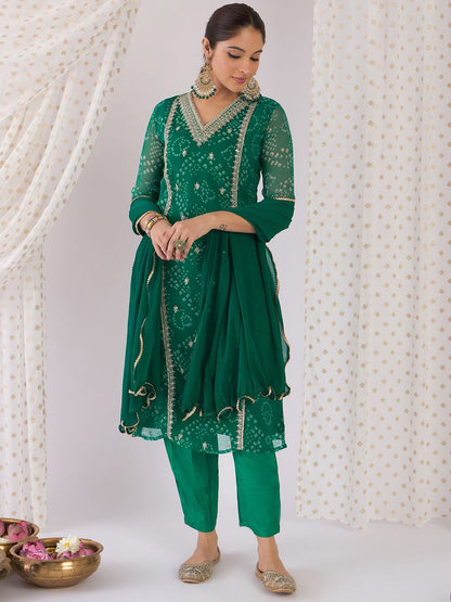 Indyancart IE Women Ethnic Motifs Thread Work Silk Chiffon Kurta with Trousers & With Dupatta
