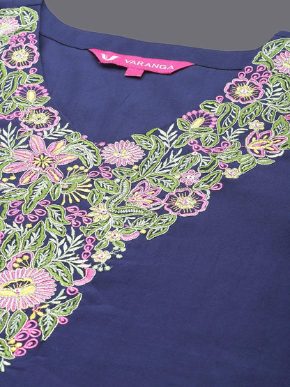 Indyancart VA Women's Floral Embroidered Thread Work Straight Kurta & Trousers With Dupatta