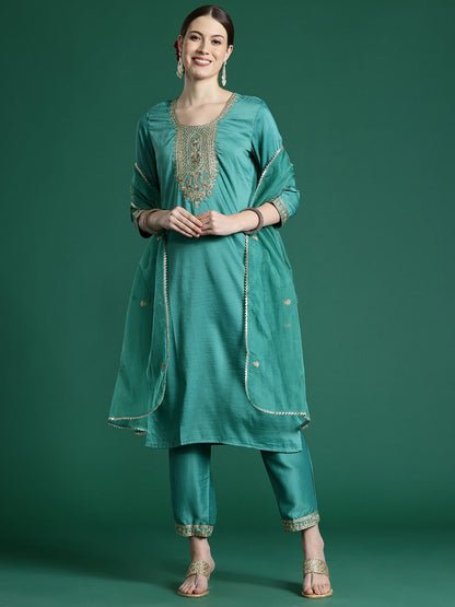Dhiyona IE Ethnic Motifs Yoke Design Thread Work Kurta With Trousers & Dupatta