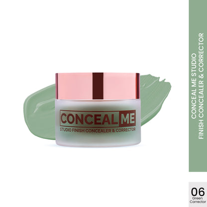 GLAM21 Conceal Me Studio Finish Concealer & Corrector in Green, shade 06, visible with smooth application on skin.