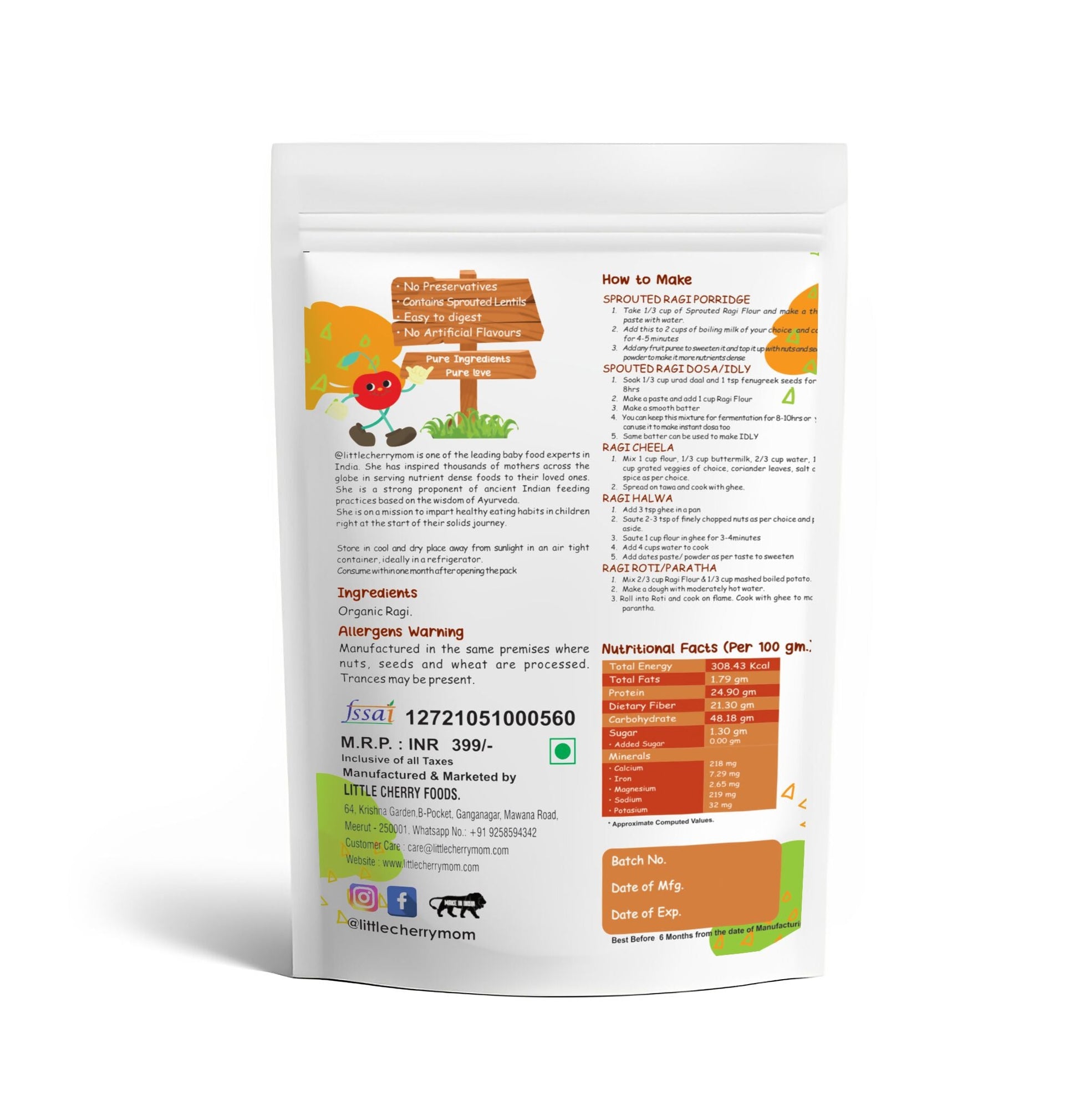 Littlecherrymom sprouted ragi flour in a clear bowl, showing a nutritious, finely ground baby food ingredient for healthy feeding.