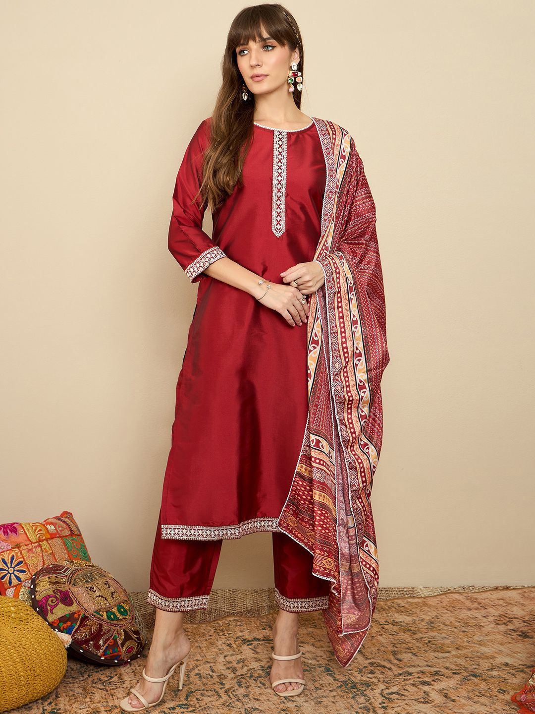 Straight Sequinned Kurta with Trousers & Dupatta