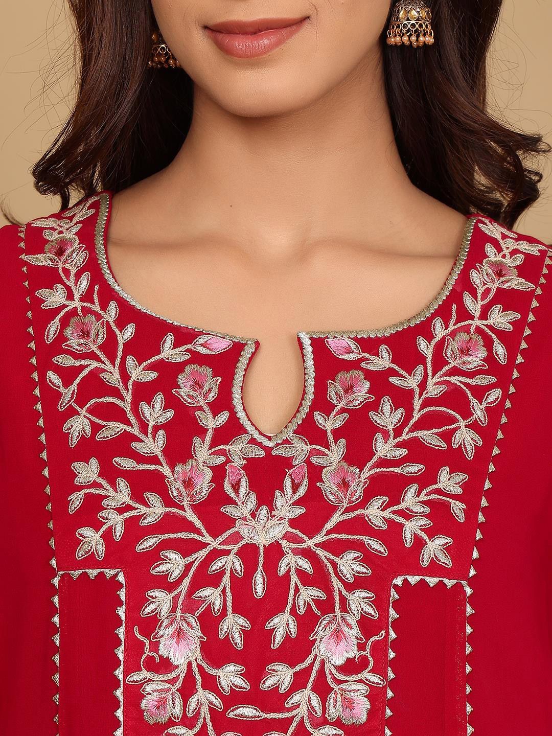 Indyancart VA Women'sMagenta Floral Embroidered Panelled Silk Georgette Kurta With Trouser With Dupatta