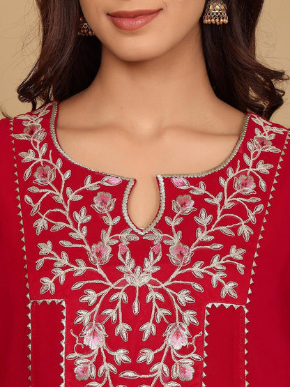 Indyancart VA Women'sMagenta Floral Embroidered Panelled Silk Georgette Kurta With Trouser With Dupatta