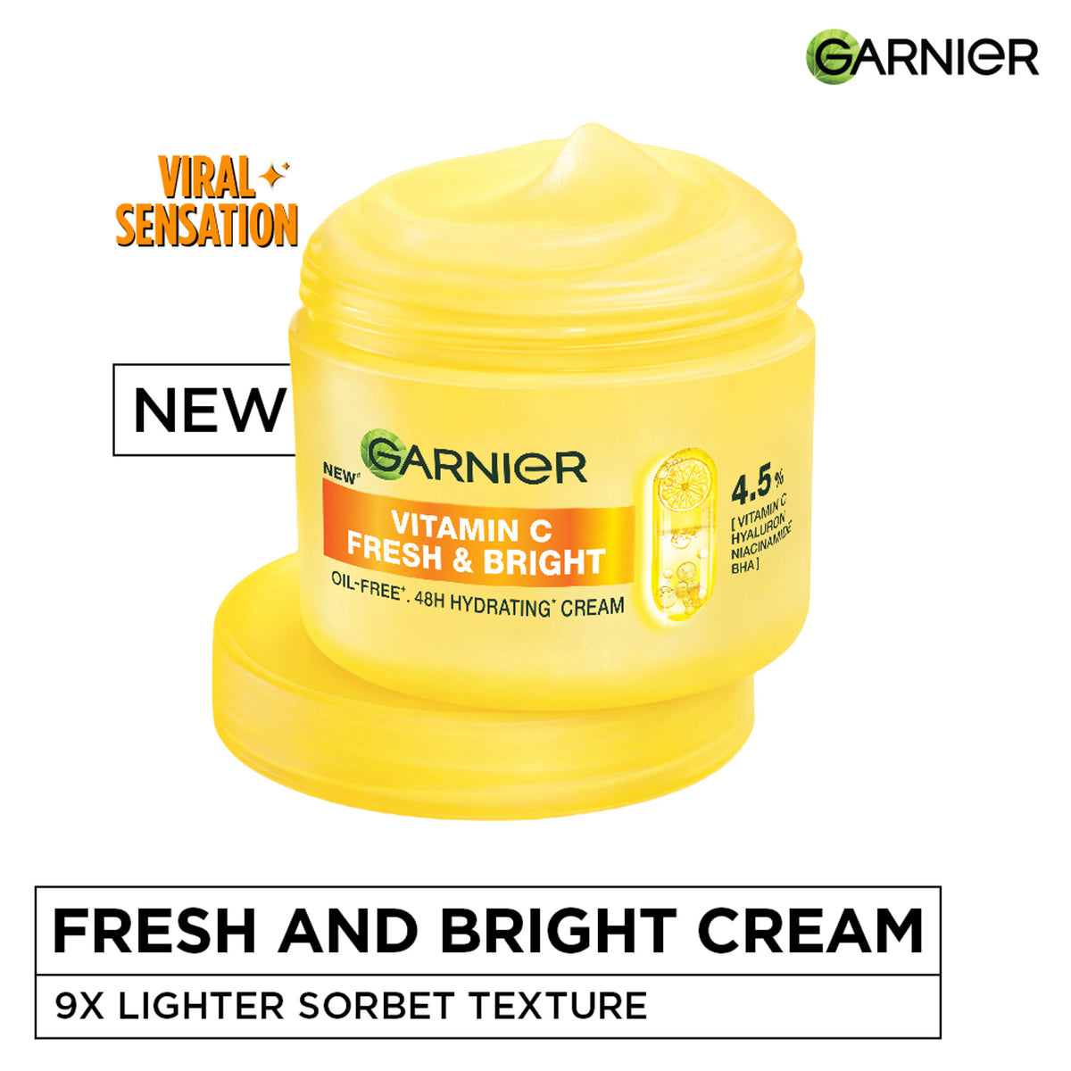 Garnier Fresh & Bright Vitamin C Sorbet Moisturizer with hyaluronic acid and niacinamide, featuring a lightweight, refreshing texture.