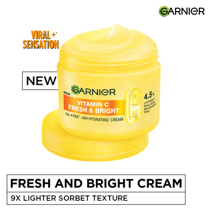 Garnier Fresh & Bright Vitamin C Sorbet Moisturizer with hyaluronic acid and niacinamide, featuring a lightweight, refreshing texture.