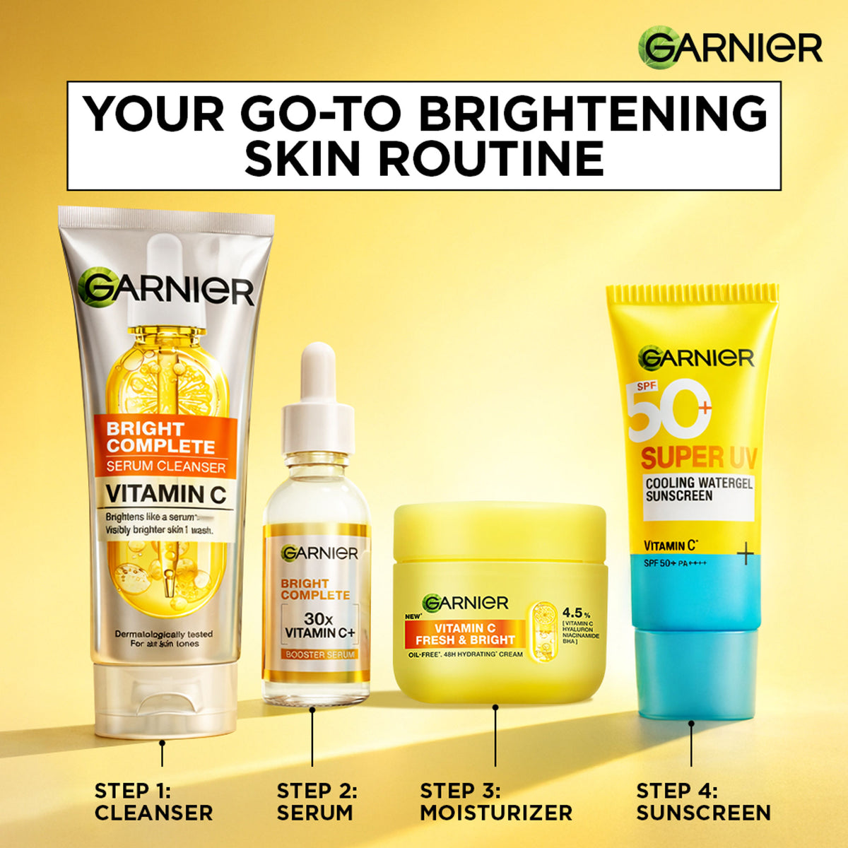 Garnier Fresh & Bright Vitamin C Sorbet Moisturizer with 4.5% Vitamin C, hyaluronic acid, and niacinamide in a refreshing gel texture.