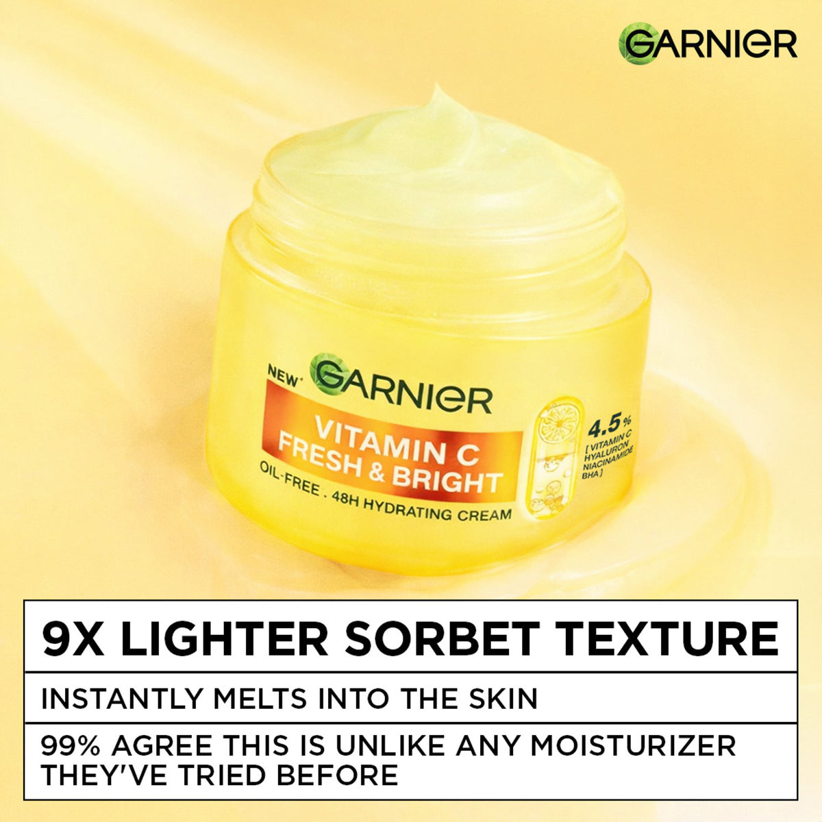 Garnier Fresh & Bright Vitamin C Sorbet Moisturizer with hyaluronic acid and niacinamide in a bright, refreshing gel texture.