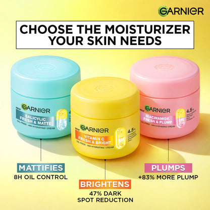 Garnier Fresh & Bright Vitamin C Sorbet Moisturizer with hyaluronic acid and niacinamide, featuring a lightweight, refreshing texture.