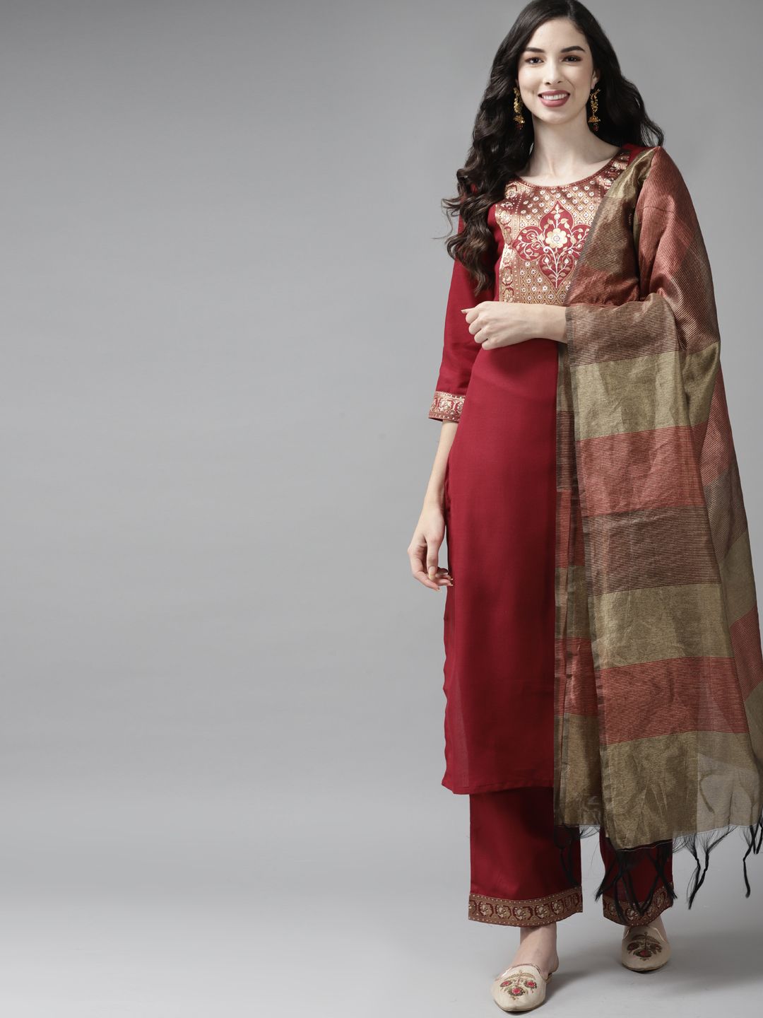 Dhiyona IE Women Maroon Yoke Design Regular Kurta with Palazzos & Dupatta