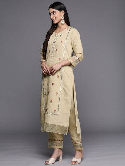 Indyancart VA Women'sFloral Embroidered Mirror Work Kurta with Trousers & Dupatta