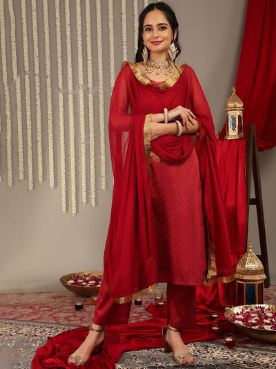 Indyancart VA Women'sWoven Design Shoulder Straps Zari Detail Straight Kurta & Trousers With Dupatta