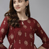 Dhiyona IE Women Maroon & Beige Foil Print Keyhole Neck A-Line Kurta