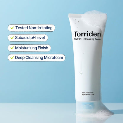 Torriden Dive In Cleansing Foam - Gentle Hydrating Korean Hyaluronic Acid Cleanser, All Skin Types