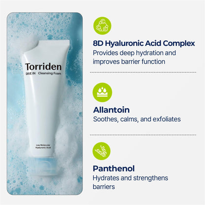 Torriden Dive In Cleansing Foam - Gentle Hydrating Korean Hyaluronic Acid Cleanser, All Skin Types