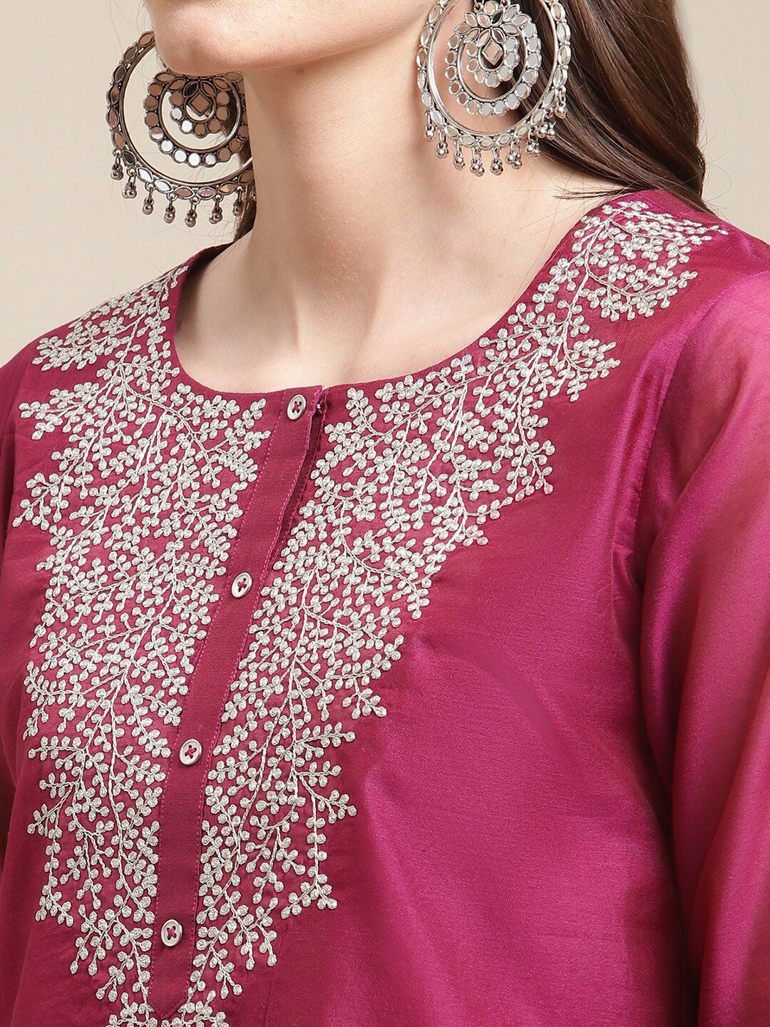 Indyancart VA Women's Magenta Floral Embroidered Chanderi Silk Kurta with Trousers & With Dupatta
