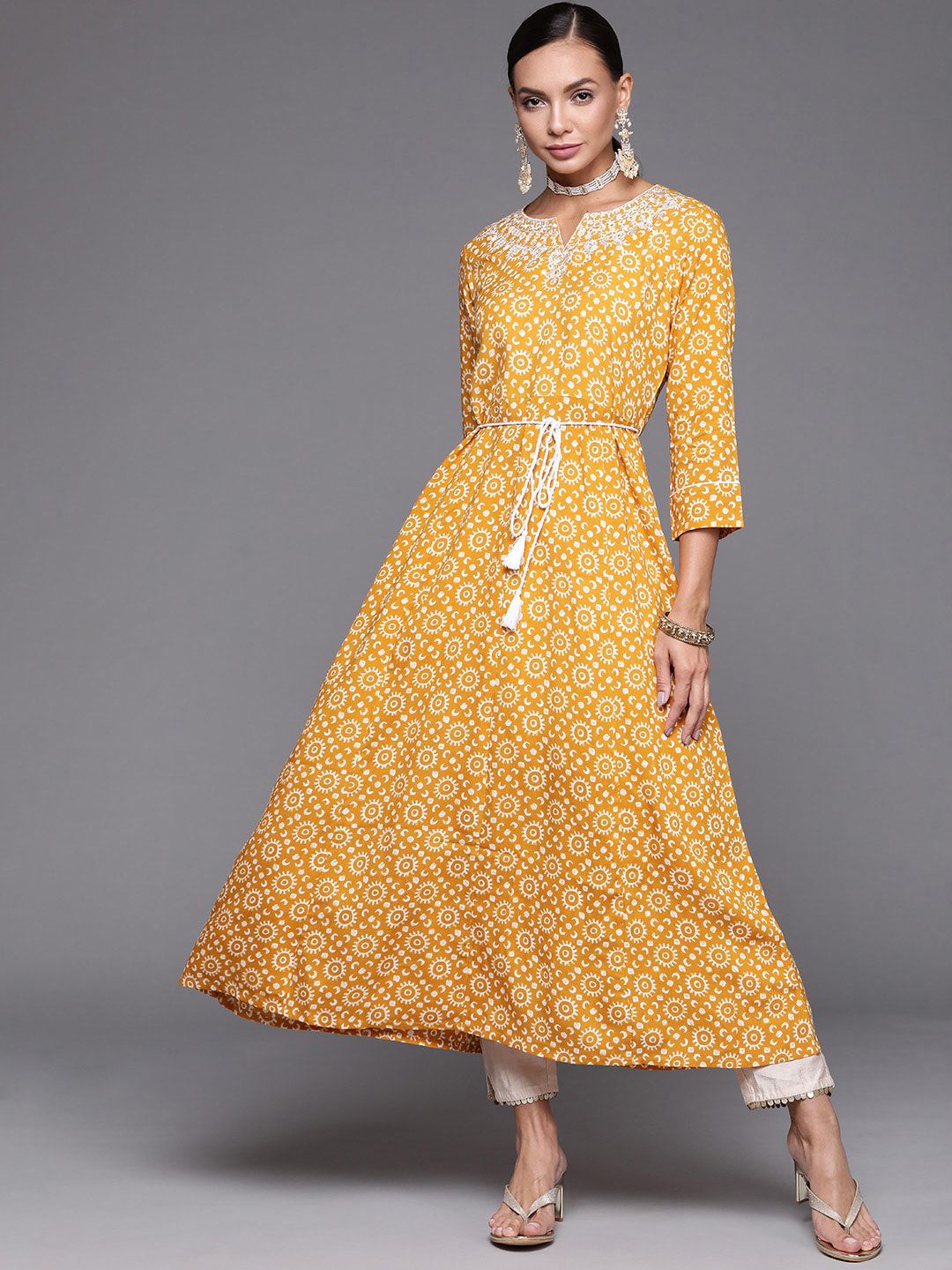 Indyancart IE Floral Printed Notch Neck A-Line Kurta