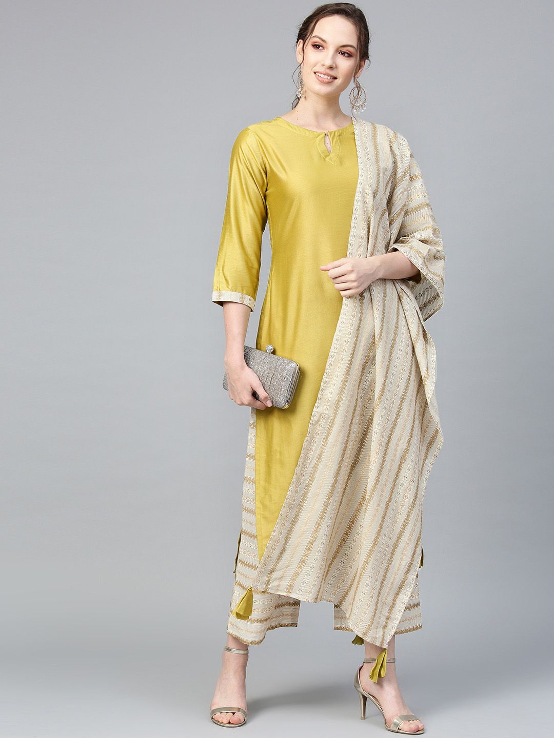 Dhiyona IE Women Mustard & Beige Printed Kurta with Palazzos & Dupatta