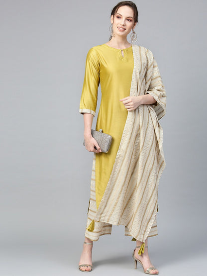 Dhiyona IE Women Mustard & Beige Printed Kurta with Palazzos & Dupatta
