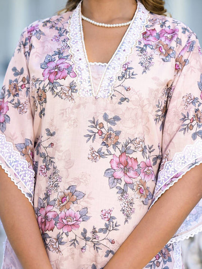 Indyancart VA Women'sFloral Printed Mirror Work Pure Cotton Straight Kurta with Trousers & Dupatta