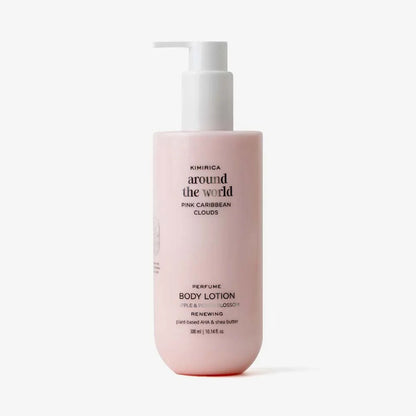 Kimirica Pink Caribbean Body Lotion with Vitamin E and Shea Butter, nourishing dry skin and providing deep hydration.