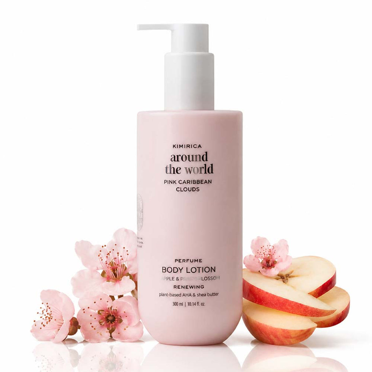 Kimirica Pink Caribbean Body Lotion with Vitamin E and Shea Butter for dry skin, featuring a pink and white bottle and nourishing formula.