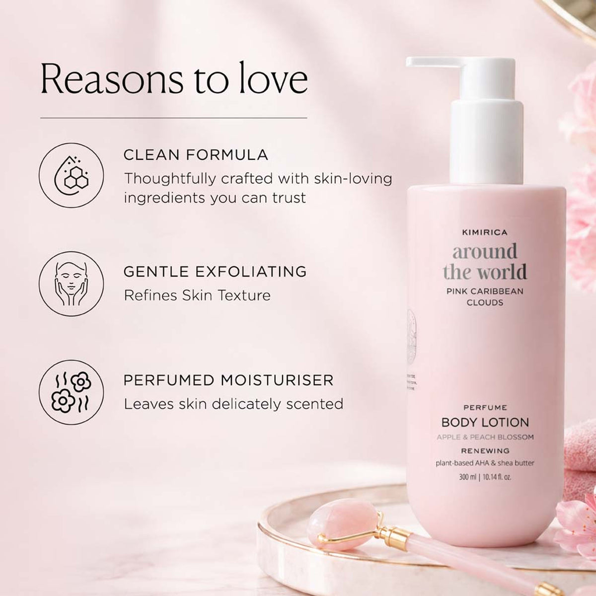 Kimirica Pink Caribbean body lotion with vitamin E and shea butter for dry skin nourishment, shown in a pink bottle.