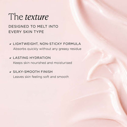 Kimirica Pink Caribbean Body Lotion with Vitamin E and Shea Butter, nourishing for dry skin, visible bottle with pink label and lotion inside.