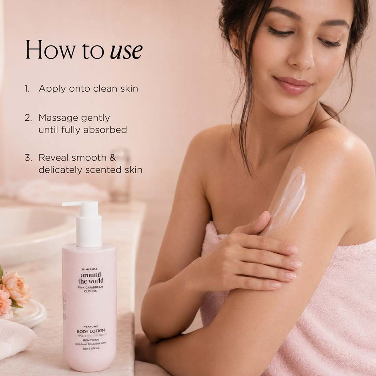 Kimirica Pink Caribbean Body Lotion with Vitamin E and Shea Butter for deep nourishment and dry skin relief.