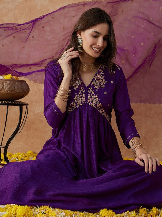 Women's Ethnic Motifs Embroidered Anarkali Kurta With Palazzo & Dupatta Set
