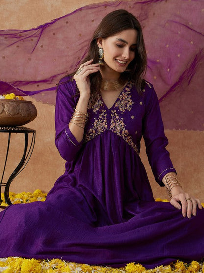 Women's Ethnic Motifs Embroidered Anarkali Kurta With Palazzo & Dupatta Set